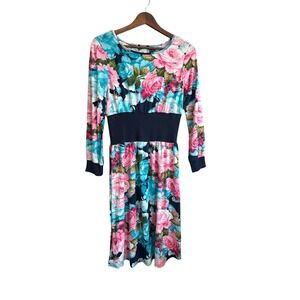Zeagoo Floral Print Long Sleeve Midi Dress‎ Women Size S Blue Pink Roses